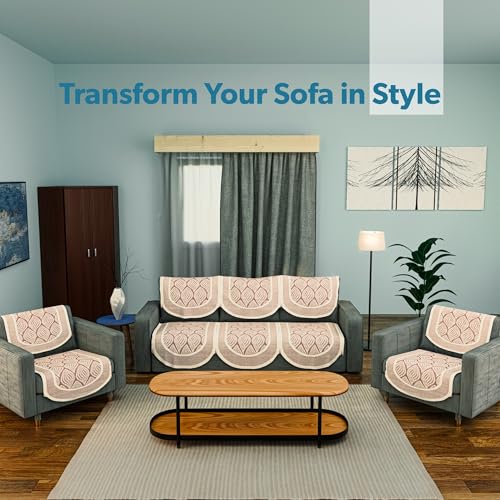 Image of Kuber Industries (Set of 10) Stylish & Durable Net Cotton Sofa Covers 5 Seater | Aesthetic Sofa Protector /Mat & Slipcover for Hall, Living Room & Office | Coconut Bright - Maroon