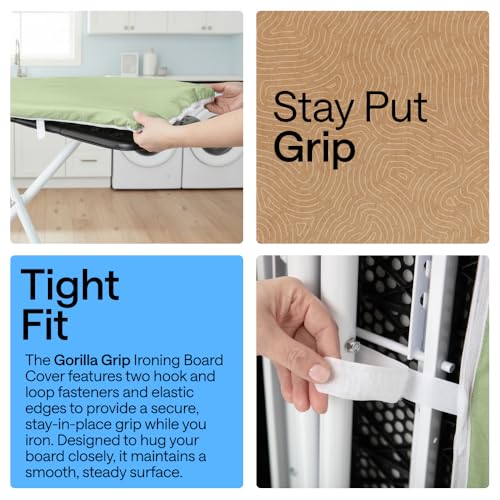 Image of GORILLA GRIP Ironing Board Cover, Silicone Coating, 400F Scorch and Stain Resistant with Thick Padding, Fits Over Standard Size Board, Heavy Duty Hook and Loop Fastener Strap, Sage 15x54
