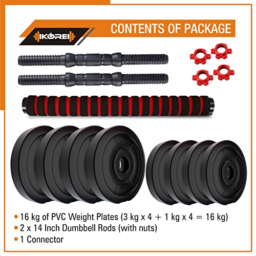 Image of Kore 3 In 1 Convertible 16 Kg Pvc Dumbbells Set, Black