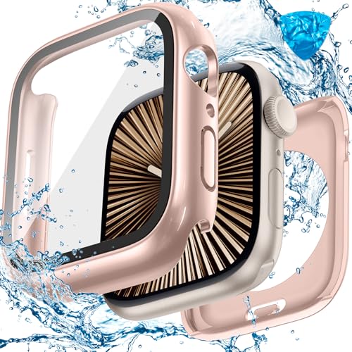 Image of 3 in 1 Goton Waterproof Hard Case for Apple Watch Screen Protector 42mm, 360 Slim Full Protective Tempered Glass Face Cover + Back Hard PC Bumper for iWatch Series 11 /10, 42mm Rose Gold