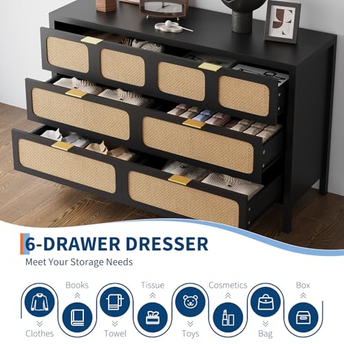 6 Drawer Dresser, Rattan Dresser for Bedroom with Metal Handles, Farmhouse Wood Storage Chest of Drawers for Bedroom, Living Room, Hallway, Entryway, Black