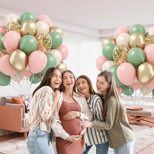 Image of 60pcs Pink and Green Balloons 12inch with Sage Green Light Pink Sand White Metallic Gold Confetti Balloons for Birthday Bridal Shower Boho Baby in Bloom Baby Shower Decorations