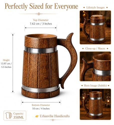 Image of Handmade Wooden Beer Mug, Wood with Sheesham Finish, Barrel Style, Lightweight & Durable, for Craft Beer, Home Bar, Cafe, Party, Gift(350ml) (Steel Band)