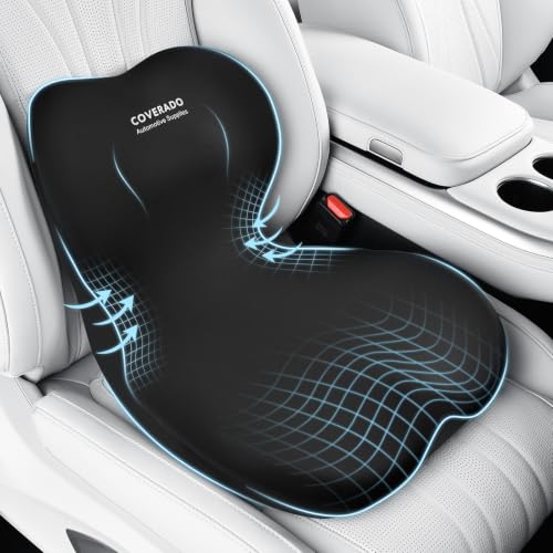 Image of Coverado Car Seat Cushion and Lumbar Support Pillow One Piece, Memory Foam Ergonomic Back Support Driving Seat Cushion for Back Pain, Non-Slip Washable Cushion for Car, Driver, Office