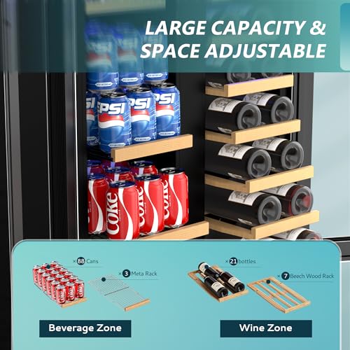 EUHOMY Wine and Beverage Refrigerator, 24 Inch Dual Zone Wine Cooler with Glass Door Hold 21 Bottles and 88 Cans, Built in or Under Counter Wine Fridge with Blue LED Light on Fridge.com