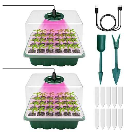 POURANON Seed Starter Tray with Grow Light, 2 Packs 48 Cells Seed Starter Tray Kit with 2 Grow Lights, Humidity Dome Plant Seedling Starter Kit for Plant Germination (2PCS)