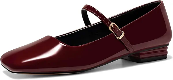 Coutgo Women's Mary Jane Flats Closed Square Toe Ballet Flat Dressy Comfortable Slip on Shoes, Burgundy, Size 8