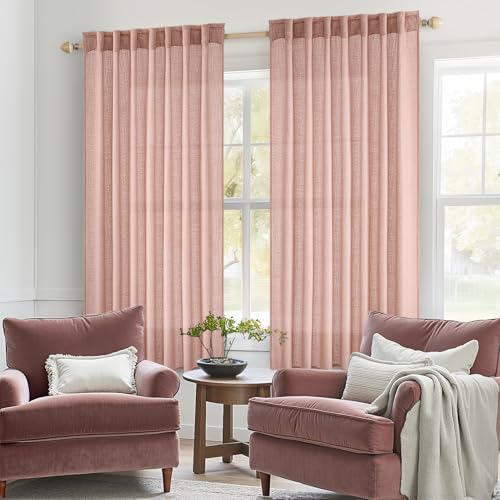 MIULEE Blush Pink Short Linen Curtains 45 Inch Length 2 Panels for Girls Bedroom Nursery, Soft Thick Linen Textured Window Drapes Semi Sheer Light Filtering Back Tab for Kids Bathroom Light Pink