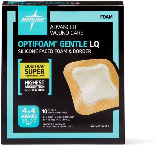 Medline Optifoam Gentle LQ Silicone-Faced Foam Dressing with Liquitrap Super Absorbent Core, 4" x 4", in Educational Packaging, Box of 10