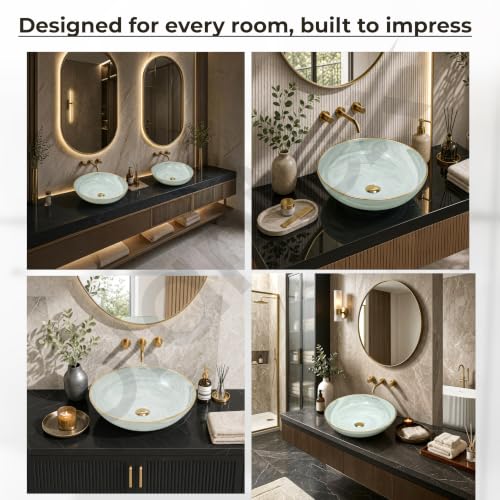 Image of Plantex Wash Basin /Ceramic Table Top Wash Basin /Designer Countertop Basin for Bathroom /Restaurants /Hotel (Mint green & Gold - 16.5 x 16.5 x 4 Inch)