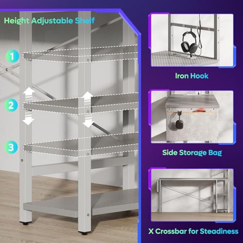 Image of Bestier Gaming Desk with Power Outlets, 61 Inch Large Led Gamer Desk with 4 Tiers Reversible Shelves, PC Gaming Table with Headset Hook & Side Storage Bag for Bedroom (Grey 3D Carbon Fiber)