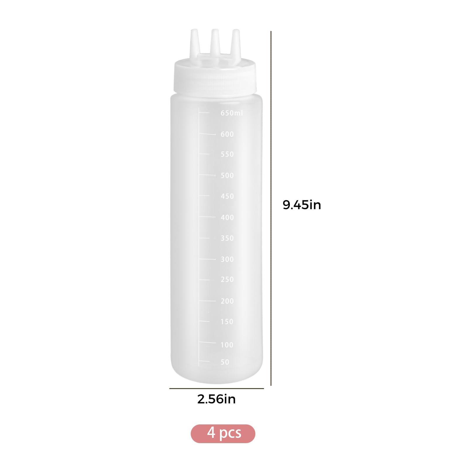 Generisch 4 butelki do sosów z 3 otworami, butelki do wyciskania 650 ml ze skalą, butelki do dressingu z dyszą trójstożkową, butelki z tworzywa sztucznego na syrop, ketchup, dressing, olej i miód