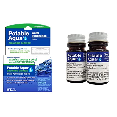 Potable Aqua Chlorine Dioxide Water Purification Tablets - 30 Count & Two 50ct Bottles