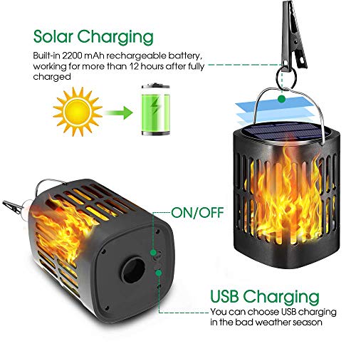 Ollivage Hanging Solar Lights, Dancing Flame Solar Lights Outdoor Hanging Lanterns, Solar Powered Torch Lights and USB Charging Solar Flame Landscape Lights for Garden Patio Deck Yard Path, 2 Pack