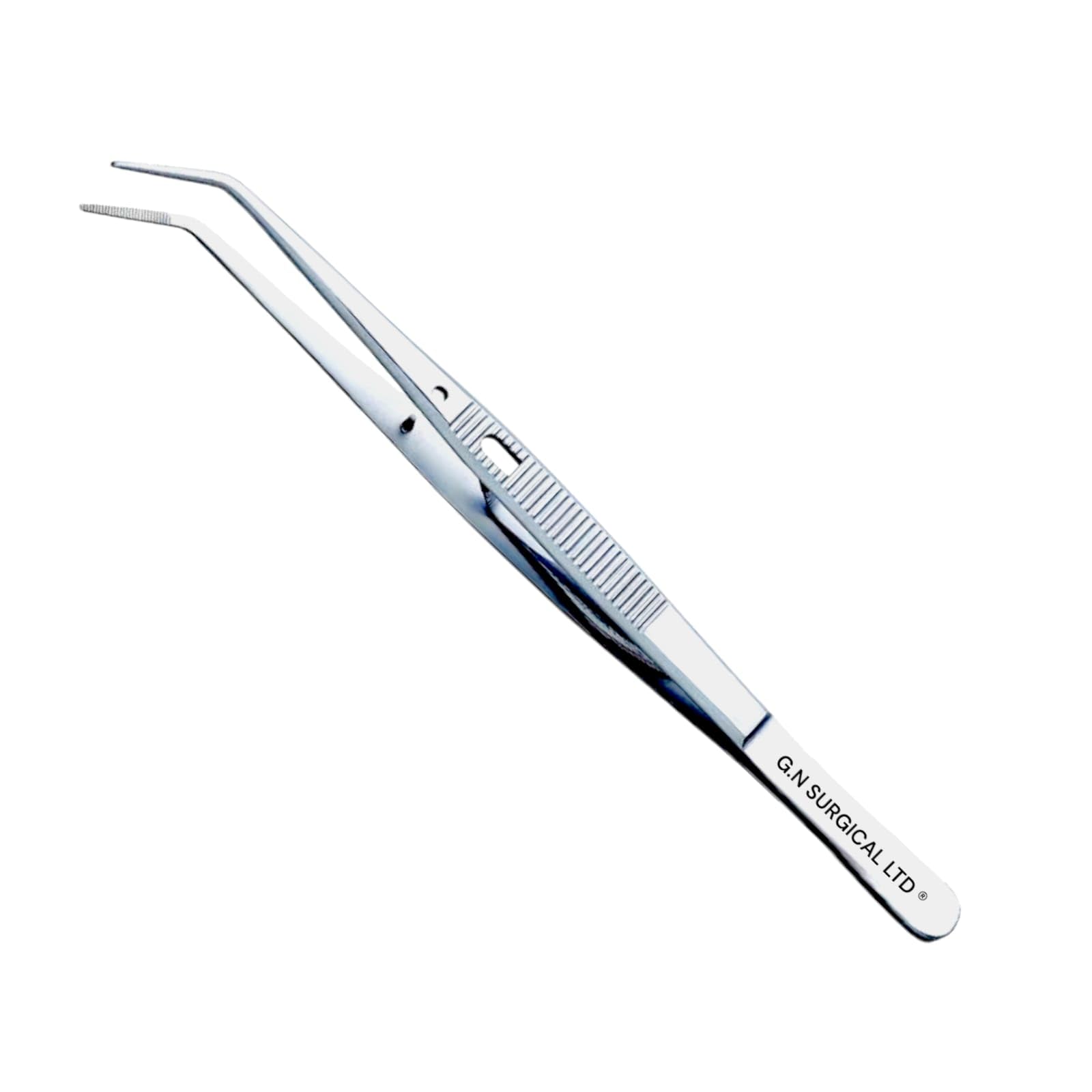 G.n Surgical Ltd Silver Stainless Steel Endo Locking Tweezers - Universal Sewing Machine Tweezers With Curved Pointed Serrated Tip, Multipurpose Bent Tip Tweezer For Precision Tasks