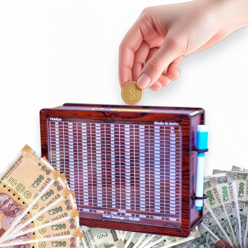 Image of Fiddlys Wooden Money /Piggy Bank, Money Coin for Kids /Children, Savings Challenge Cashbox, Cash Vault Savings Box,Coin Piggy Bank (Wood, Rs 50,000) Reusable /Interchangable
