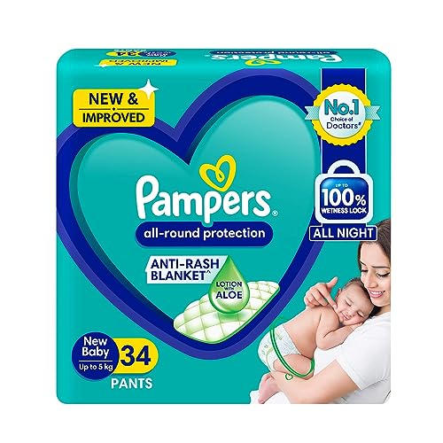 Image of Pampers All round Protection Pants, Newborn, Extra Small size baby diapers (0-5kg) 34 Count, Lotion with Aloe Vera (Pack of 3)