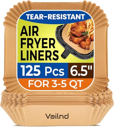 Air Fryer Paper Liners: 125Pcs Parchment Paper, Air Fryer Liner Disposable, Oilproof Waterproof Airfryer Basket Liner Square (6.5inch)