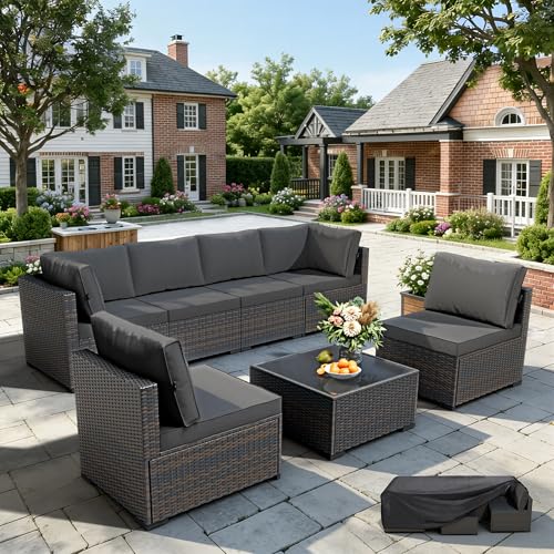 WWR Patio Furniture Set 7 Piece - All-Weather - Wicker Rattan Patio Outdoor Conversation Set, Modular Sectional Sofa for Backyard, Garden, Poolside, Balcony, Porch, Patio, Brown/Dark Gray