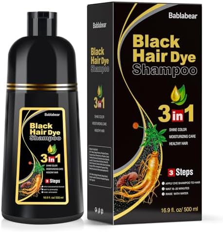 Bablabear Black Hair Dye Shampoo for Gray Hair, Semi-Permanent Hair Color Shampoo for Women and Men, Herbal Ingredients, 3 in 1 100% Grey Coverage.Lasts 30 Days/500ml/Natural herbal Ingredients