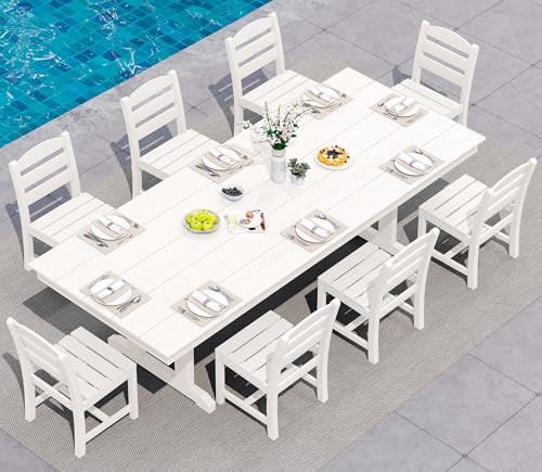Image of SERWALL 9 Piece 84 inch HDPE Outdoor Dining Set for 8 with Armless Chairs and Umbrelle Hole, White