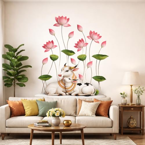 Image of Rangoli Cow Calf Lotus Wall Sticker 16 x 16 Inch Floral Spiritual Design Self Adhesive Wall Decor for Living Room Bedroom Pooja Room Traditional Wall Art