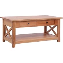 Natural Brown Solid Mahogany Wood Coffee Table with 2 Drawers & Shelf, 39.4x21.7x18.1 in, Durable Rectangular Living Room Furniture