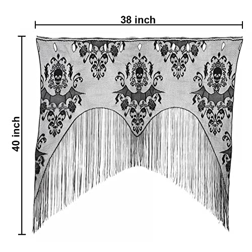 Enasgloo 2 Pcs Halloween Curtains Black Lace Skull Skeleton Door Window Valance With 3D Bats For Halloween Decorations, W 38 × L 40 Inches #TOP1