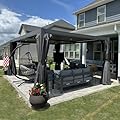 Domi Outdoor Louvered Pergola 12x16FT All Aluminum Structure,Patio Rainproof Pergola with Two Independently Adjustable Roof for Backyard Garden w/Curtains and Netting - Dark Gray