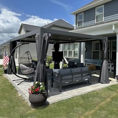 Domi Outdoor Louvered Pergola 12x16FT All Aluminum Structure,Patio Rainproof Pergola with Two Independently Adjustable Roof for Backyard Garden w/Curtains and Netting - Dark Gray