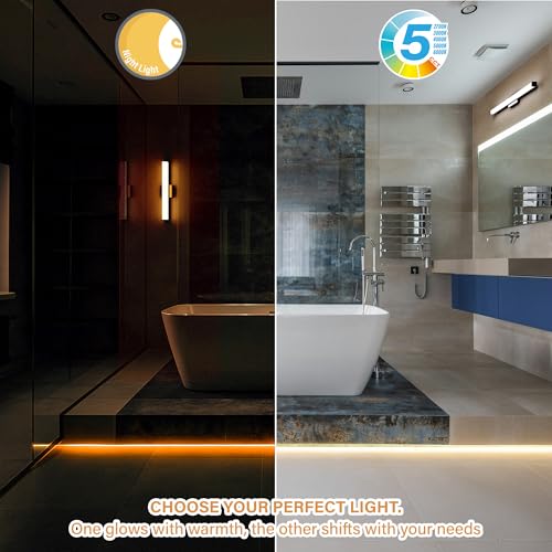 Image of 24 Inch Bathroom Vanity Light Fixtures with Night Light: Long Square Wall Mounted LED Lighting Bar over mirror with 5CCT & 2200K Color Changing, 120V, 1230-1350lm, ETL, Brushed Nickel, 1-Pack