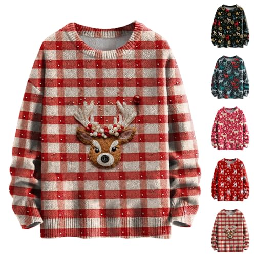 HUIFUAO - Suéteres de Navidad para mujer, sudaderas de Navidad para mujer, diseño de árbol de Navidad del Reino Unido, suéter de Navidad para mujer, suéter de Navidad rojo con estampado de Papá Noel y