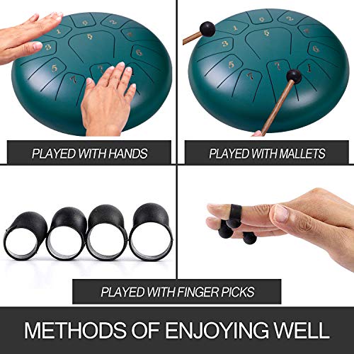Steel Panda Drum Tank Drum Standard 11 Key 11 Notes 10 Inch Percussion Instrument with Drum Mallets and Carry Bag (10 inch, Dark Green)