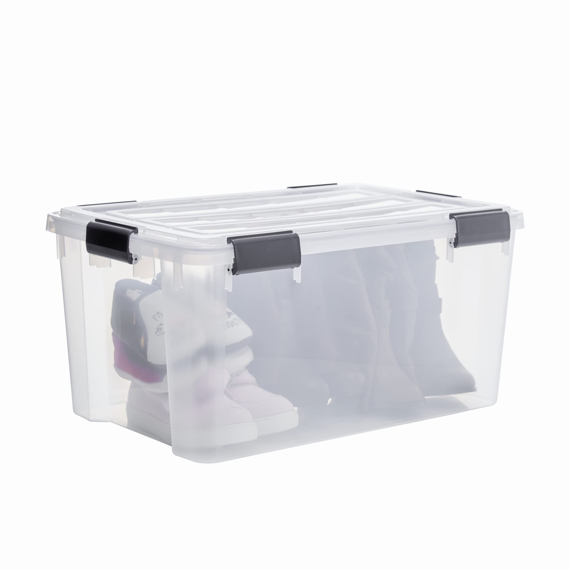 Iris Ohyama 4 Cajas herméticas de plástico con tapa y cierres a presión, 50L, Transparente, sello impermeable, apilables, antipolvo, para ropas, camping, exteriores, cubo de almacenaje, box, DDAT-L