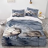 Bettwäsche 220x240 3teilig Springender Delphin Winter Bettwäsche-Sets Unterwasserwelt Winterbettwäsche Muster mit Reißverschluss Weiche Mikrofaser 3D Bettbezug mit 2 Kissenbezüge 80x80cm