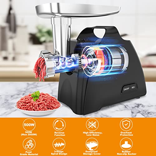 Foto von Fleischwolf Elektrisch, 500W (2000W Max), 5 in 1 Elektrisch Fleischwolf mit Tragbarer Griff, Staubgeschützte Aufbewahrungsbox, Fleischwolf mit Spritzgebäckvorsatz, Wurstfüller