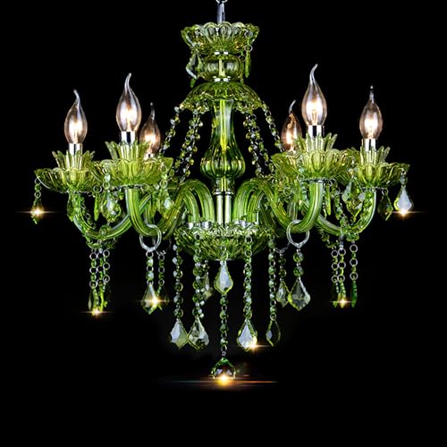 Bagood 6 Lights Green K9 Crystal Candle Chandeliers Lighting Modern Pendant Lights Ceiling Fixture Lamp for Dining Living Room Bedroom Hallway Entry Elegant Decoration E12 Base H20.5 x W23.6 Inch