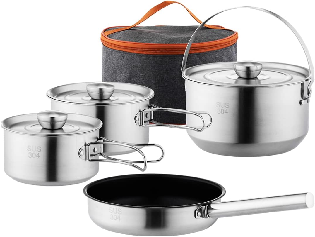 304 Stainless Steel Camping Cookware Set, Pots and Pans for Campfire Cooking, Includes Travel Tote Bag for 4-6 People 304 Stainless Steel Camping Cookware Set, Pots and Pans for Campfire Cooking, Includes Travel Tote Bag for 4-6 People