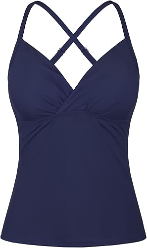 Traje de baño tankini para mujer con brasier y cuello en V, estilo retro, fruncido, control de abdomen, camiseta sin mangas