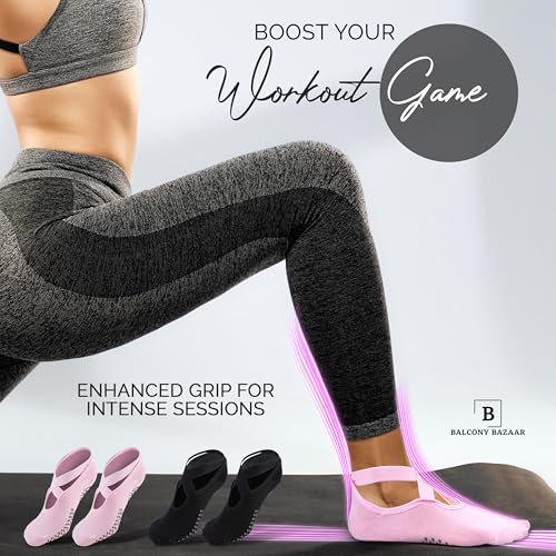 Image of Pilates Grip Socks with Straps for Women - 3 Pairs of All Black