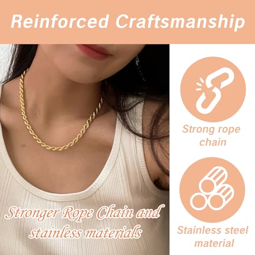 Gold Chain - 18K Gold Plated Stainless Steel Hollow Twist Rope Chains - Ion Plated Necklace for Men & Women - 16 to 18 Inches - Men's Style (3mm)4