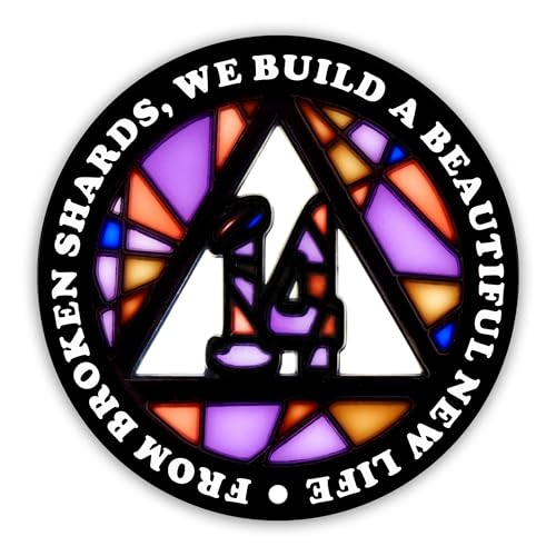 Image of Stained Glass 14 Year AA Chip Sobriety Coin Medallion, Fragments to Freedom Alcoholics Anonymous Addiction Recovery Anniversary Token, Inspirational Sober Gifts for Men and Women by the Token Shop