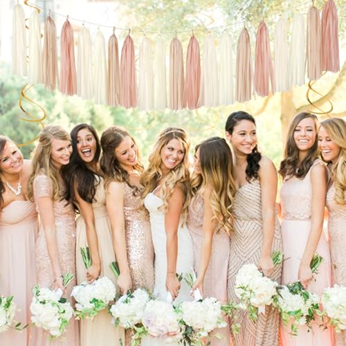 Image of Champagne-Gold Beige Fall Bridal-Shower Party-Decorations - 36pcs Bride To Be Banner,Bachelorette Paper Lanterns,Wedding Streamers Garland,Boho Peach Tissue Pom Poms Flower Fan Decor Supplies Burgleda