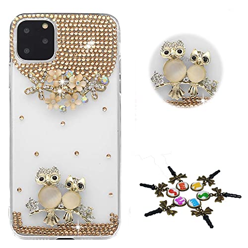 STENES Sparkle Phone Case Compatible with iPhone 12 Case - Stylish - 3D Handmade Bling Couple Night Owl Flowers Rhinestone Crystal Diamond Design Cover Case - Champagne