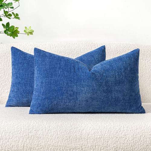 Image of MIULEE Pack of 2 Couch Throw Pillow Covers 12x20 Inch Soft Royal Blue Chenille Lumbar Pillow Covers for Sofa Living Room Solid Dyed Cases