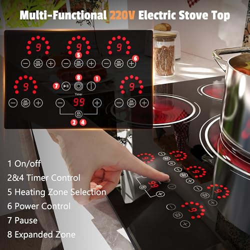 Image of 34.25 Inch Electric Cooktop(Cut-out Size: 34.25 inchx19.3 inch) - 9400W Powerful 5 Burner 36 Inch Electric Stove, 220V Built-in Ceramic Stove with Timer, Safety Lock, Pause, 220V Hard Wired