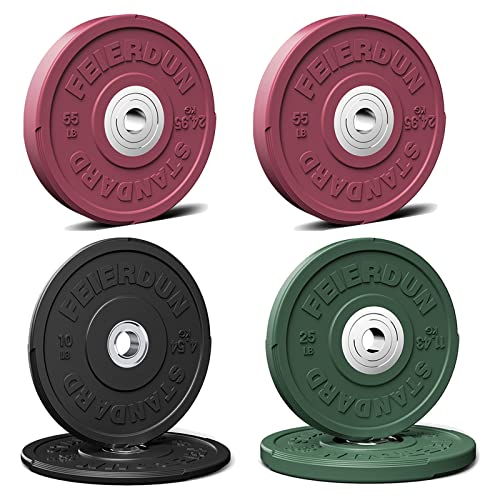 Image of FEIERDUN Color Bumper Plate Set, 2-Inch Olympic Weight Plates, Low Bounce Rubber Barbell Plates with Stainless Steel Insert for Weightlifting, Strength Training, CrossFit & Home Gym, 10LB-370LB