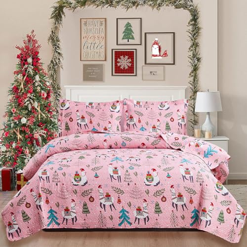 Hailea Christmas Bedspread Coverlets Full/Queen Size Girls Quilt Set Xmas Pink Alpaca Bedding Kids Lightweight Bedspread Reversible Quilts Christmas Holiday Bed Cover Set,1 Quilt And 2 Pillow Shams cover