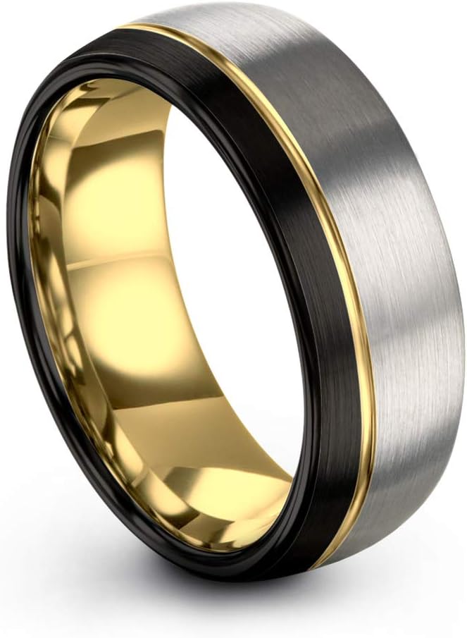 Midnight Rose Collection Tungsten Wedding Band Ring 8mm for Men Women 18k Rose Yellow Gold Plated Dome Off Set Line Black Grey Half Brushed Polished