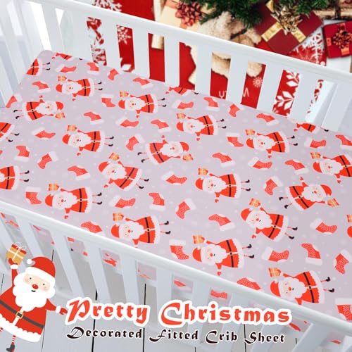 Image of Christmas Crib Sheet, Fitted Crib Sheet with Santa Claus, Christmas Stocking, Snowflake, Measuring 52'' x 28'' to fit Standard Crib & Toddler Mattresses, Gray